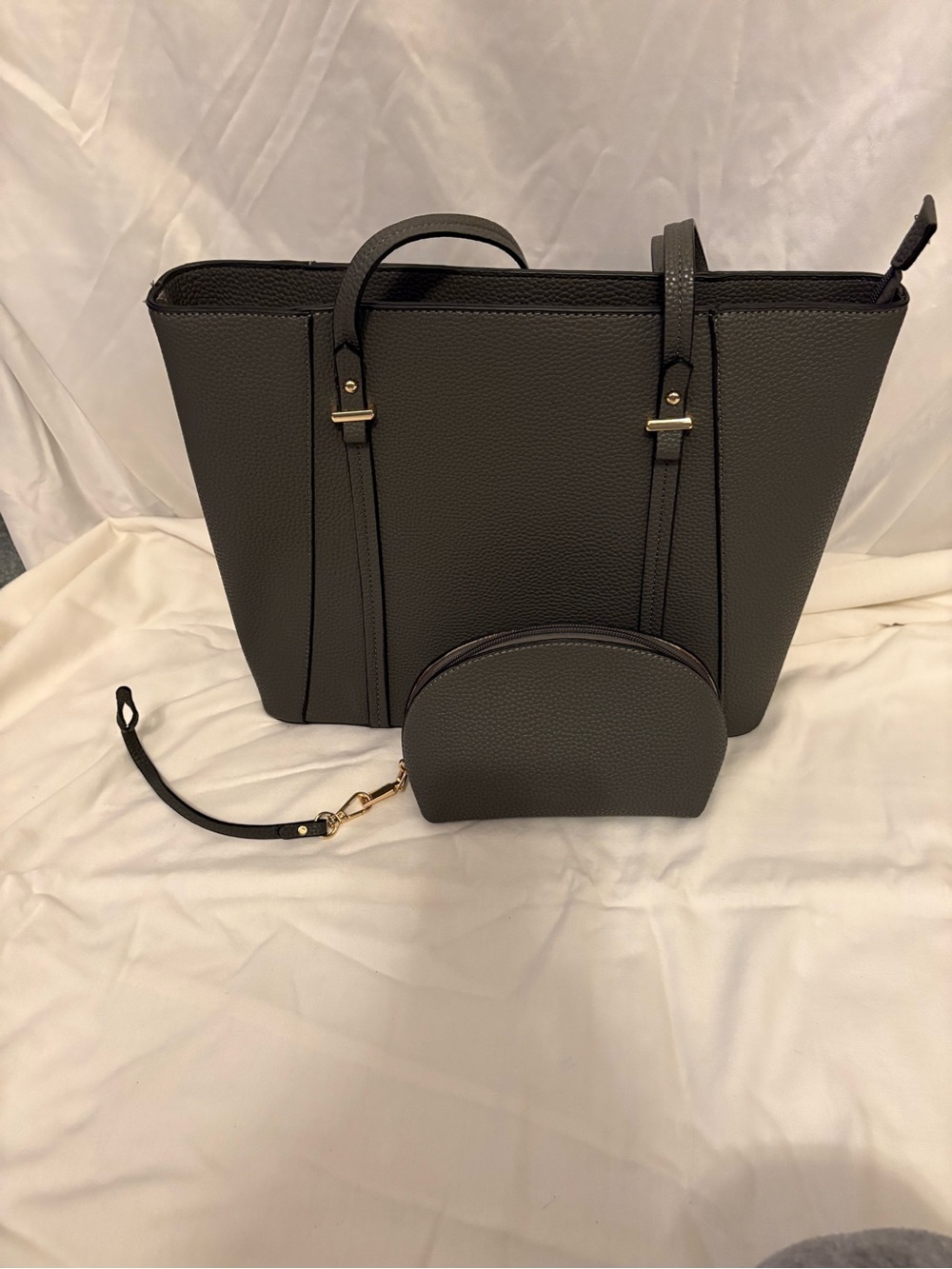 Structured Gray Pebbled Tote with Wrist Pouch - Women Bags
